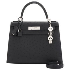 Hermes Kelly 28cm Black Ostrich Sellier Shoulder Bag Z Stamp, 2021