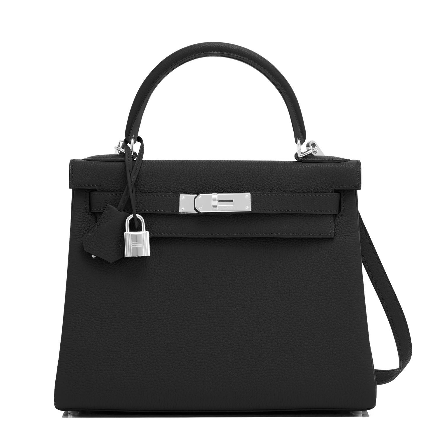 Hermes Kelly 28cm Black Togo Palladium Shoulder Bag NEW IN BOX
Brand New in Box. Store fresh.  Pristine condition (with plastic on hardware)
Comes in full set with clochette, lock, two keys, shoulder strap, sleepers, raincoat, and orange Hermes