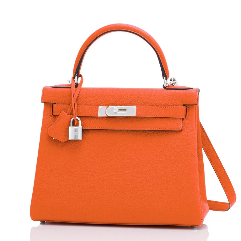 Hermes Kelly 28cm Feu Orange Shoulder Bag U Stamp, 2022
Just purchased from Hermes store; bag bears new interior 2022 U Stamp.
Brand New in Box. Store fresh. Pristine condition (with plastic on hardware). 
Perfect gift! Comes with shoulder strap,