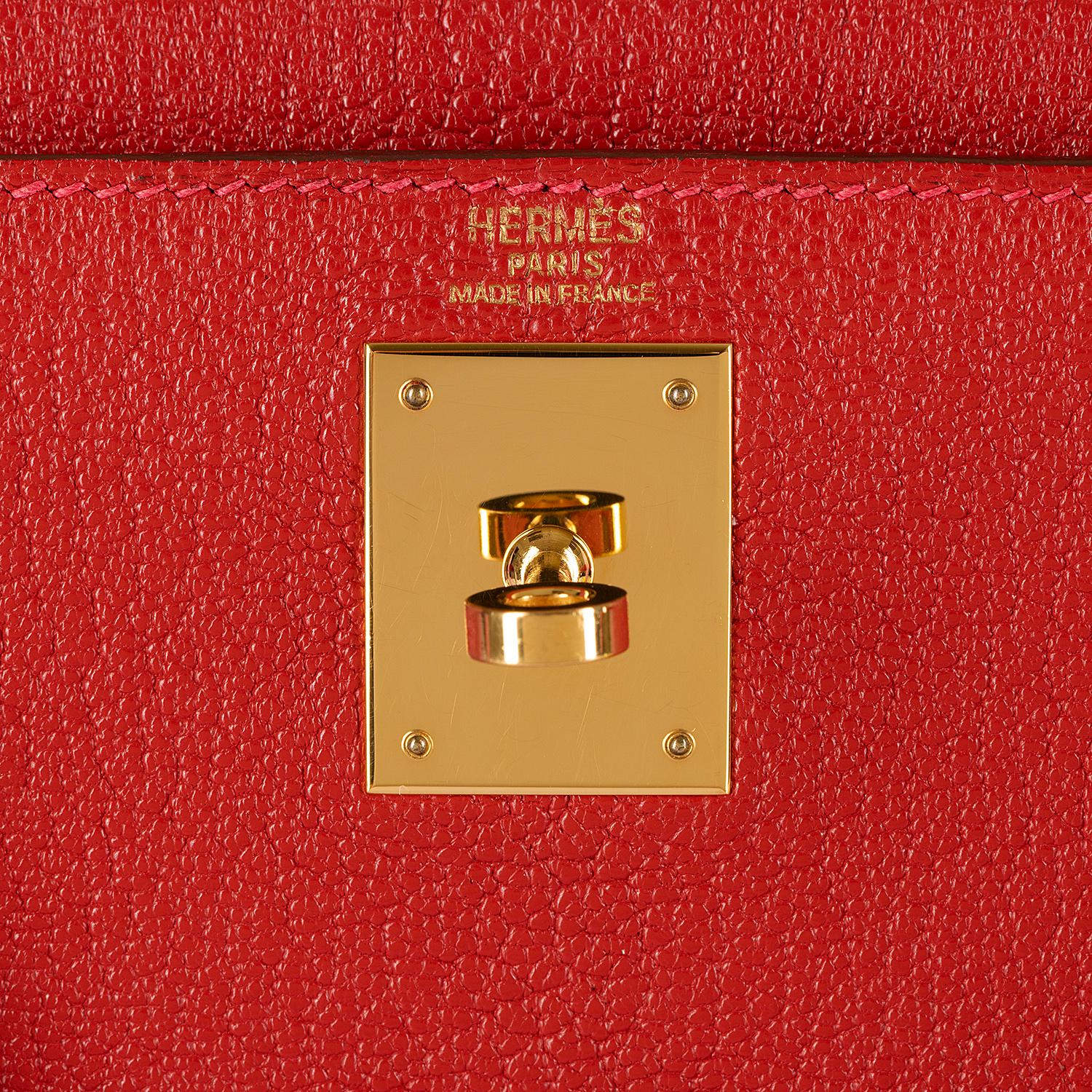 Red Hermes Kelly 28cm in rare Chevre Mysore - Rouge 'H' Leather with Gold Hardware