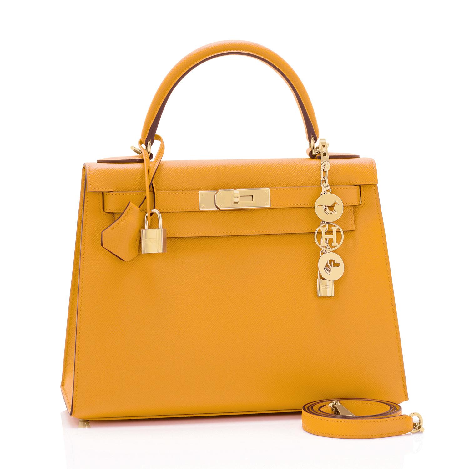Hermes Kelly 28cm Jaune Ambre Epsom Gold Sellier Shoulder Bag Y Stamp, 2020
Rare Jaune Ambre Kelly with gold hardware combination!
Just purchased from Hermes store. Bag bears new 2020 interior Y Stamp.
Brand New in Box. Store Fresh. Pristine