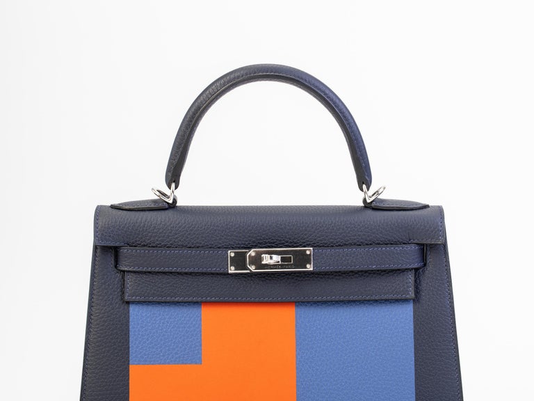 Hermes Kelly 28cm Letter Collection in Blue with Palladium Silver hardware  at 1stDibs