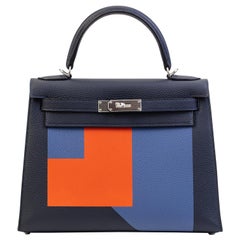 Hermes Kelly 28cm "Letter" Collection in Blue with Palladium Silver hardware