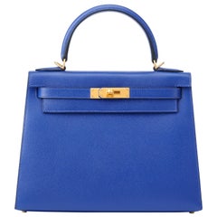 Hermes Kelly 28cm Personalized Blue Electric and Black Epsom with Gold
