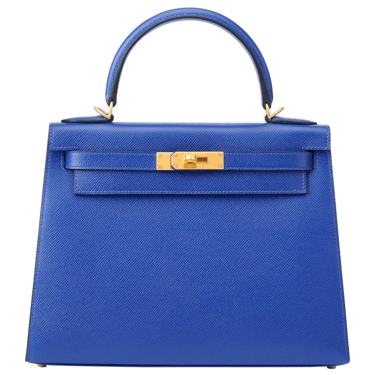 Hermes Kelly 28cm Personalized Blue Electric and Black Epsom with Gold For Sale