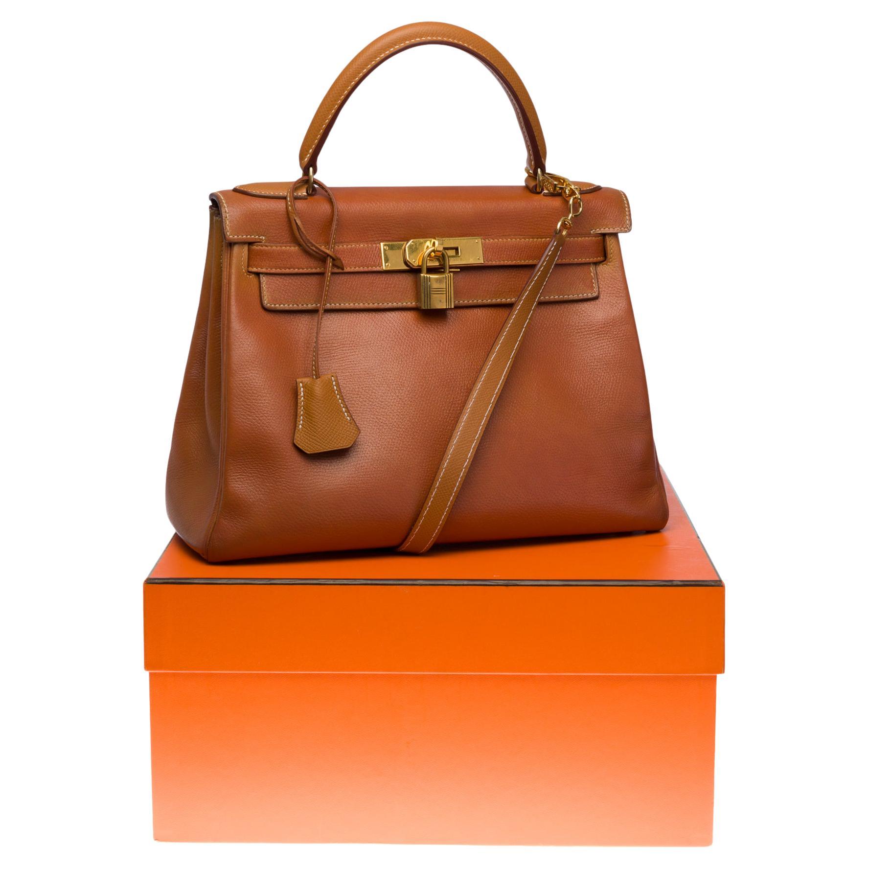 Hermès Kelly 28cm retourné handbag with strap in Gold Courchevel leather, GHW