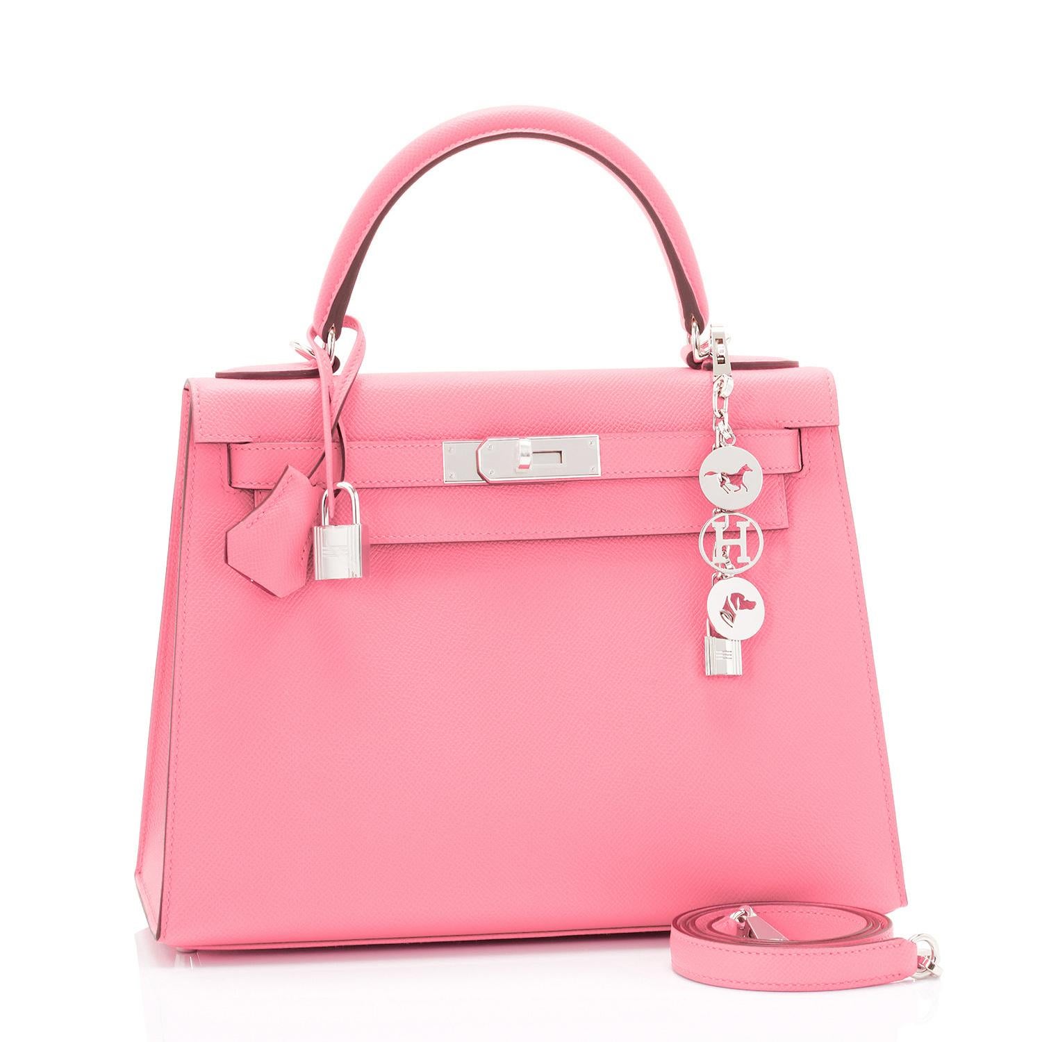 Hermes Kelly 28cm Rose Confetti Pink Sellier Shoulder Bag NEW IN BOX
Brand New in Box. Store Fresh. Pristine Condition (with plastic on hardware).
Perfect gift! Comes full set with keys, lock, clochette, shoulder strap, sleeper, rain protector, and