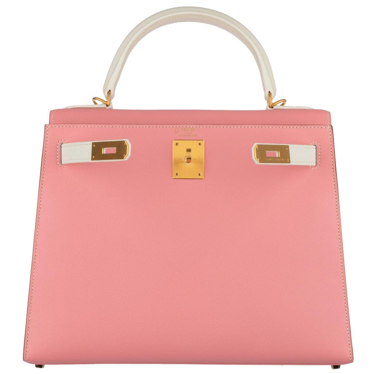 Hermès Kelly 28cm Rose Confetti and White Epsom Leather Brushed Gold  Hardware For Sale at 1stDibs