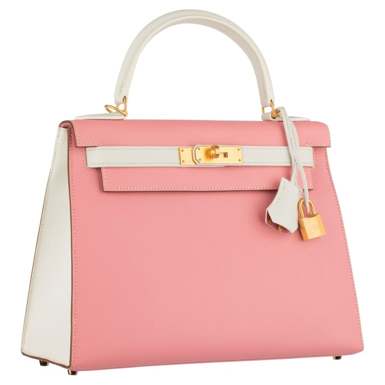 Hermès Kelly 28cm Rose Confetti and White Epsom Leather Brushed Gold  Hardware For Sale at 1stDibs