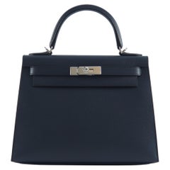 HERMÈS KELLY 28CM SELLIER BLUE INDIGO Epsom Leather with Palladium Hardware