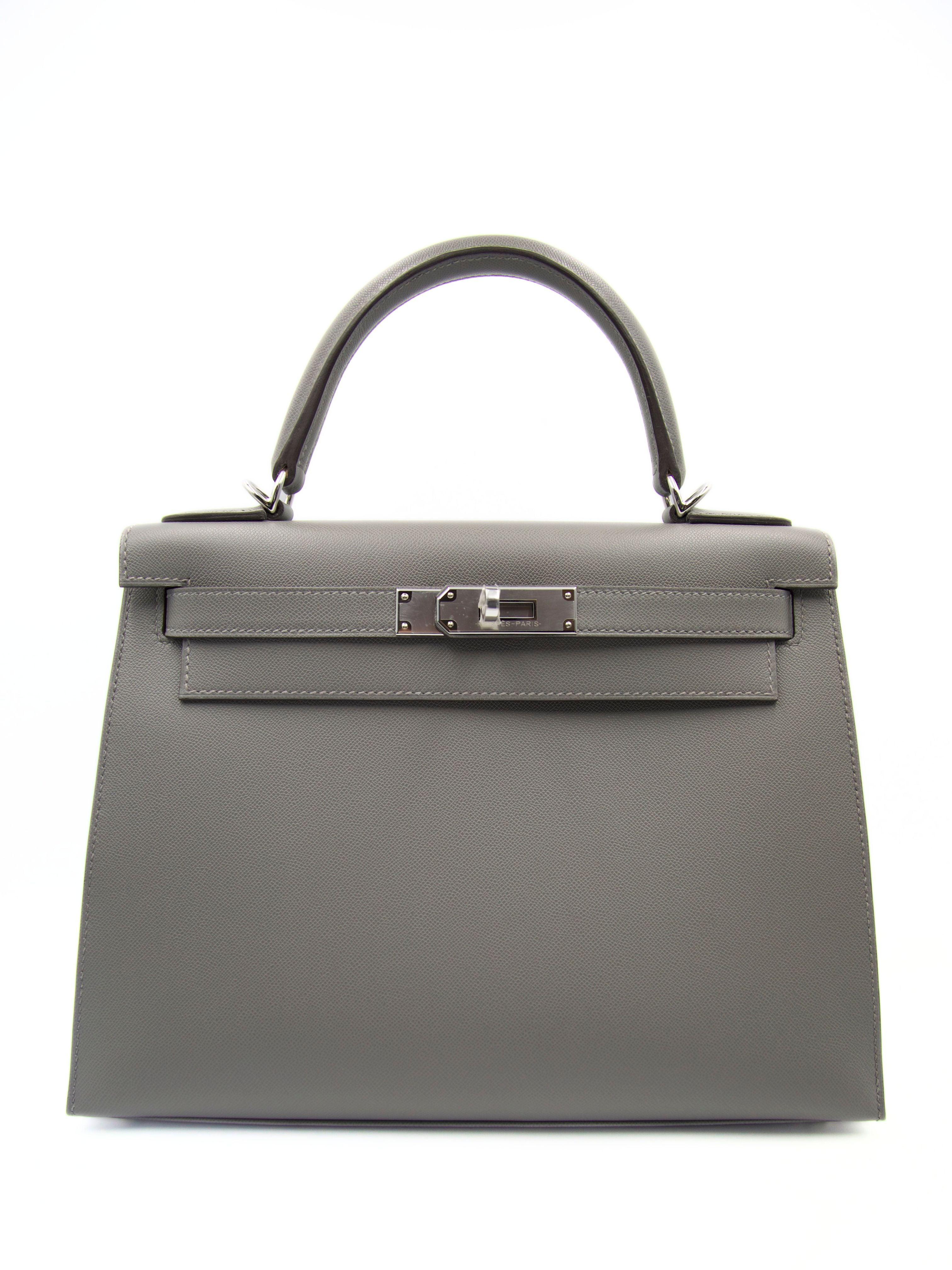 HERMÈS KELLY 28CM SELLIER GRIS MEYER Madame Leather with Palladium Hardware For Sale