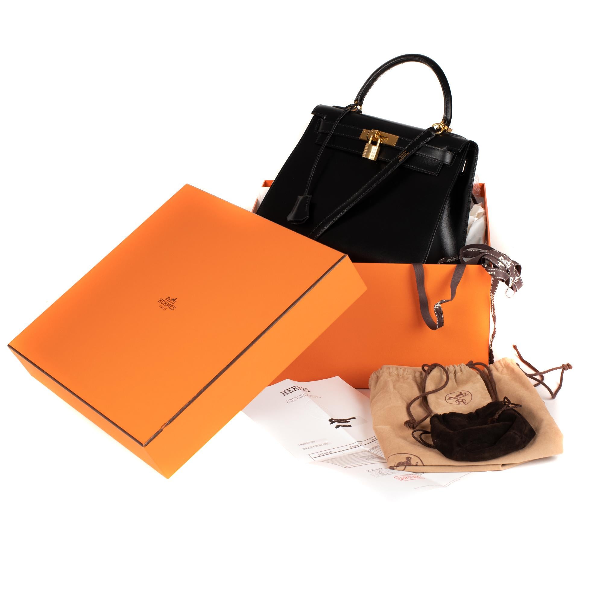 Hermès Kelly 28cm sellier with strap handbag in black calfskin Gold hardware 9