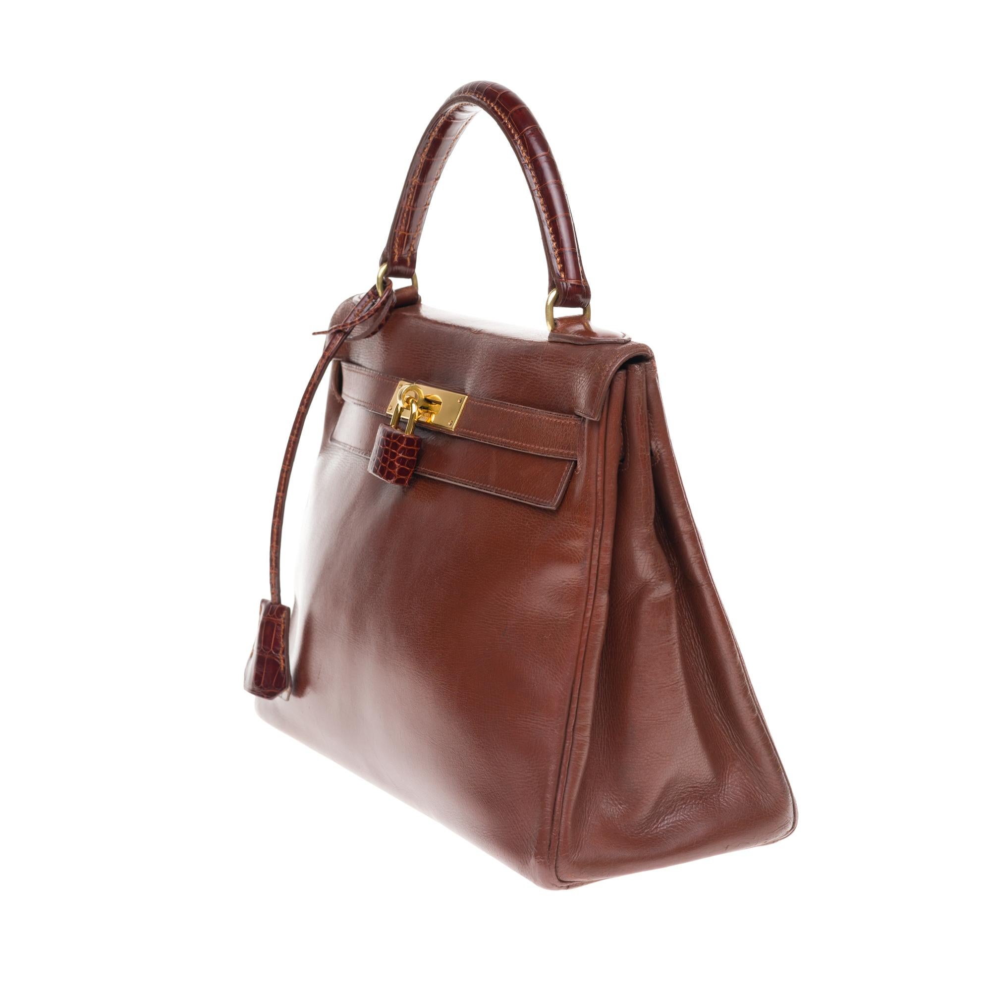 Brown Hermes Kelly 28cm strap handbag  in brown calf customized with brown crocodile