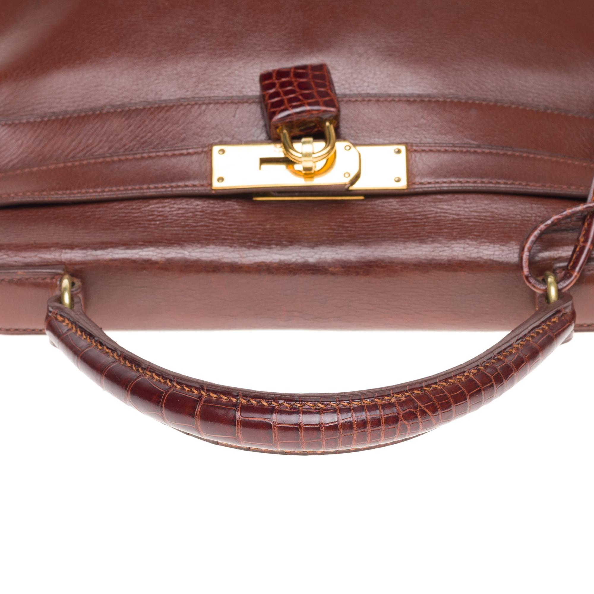 Hermes Kelly 28cm strap handbag  in brown calf customized with brown crocodile 3