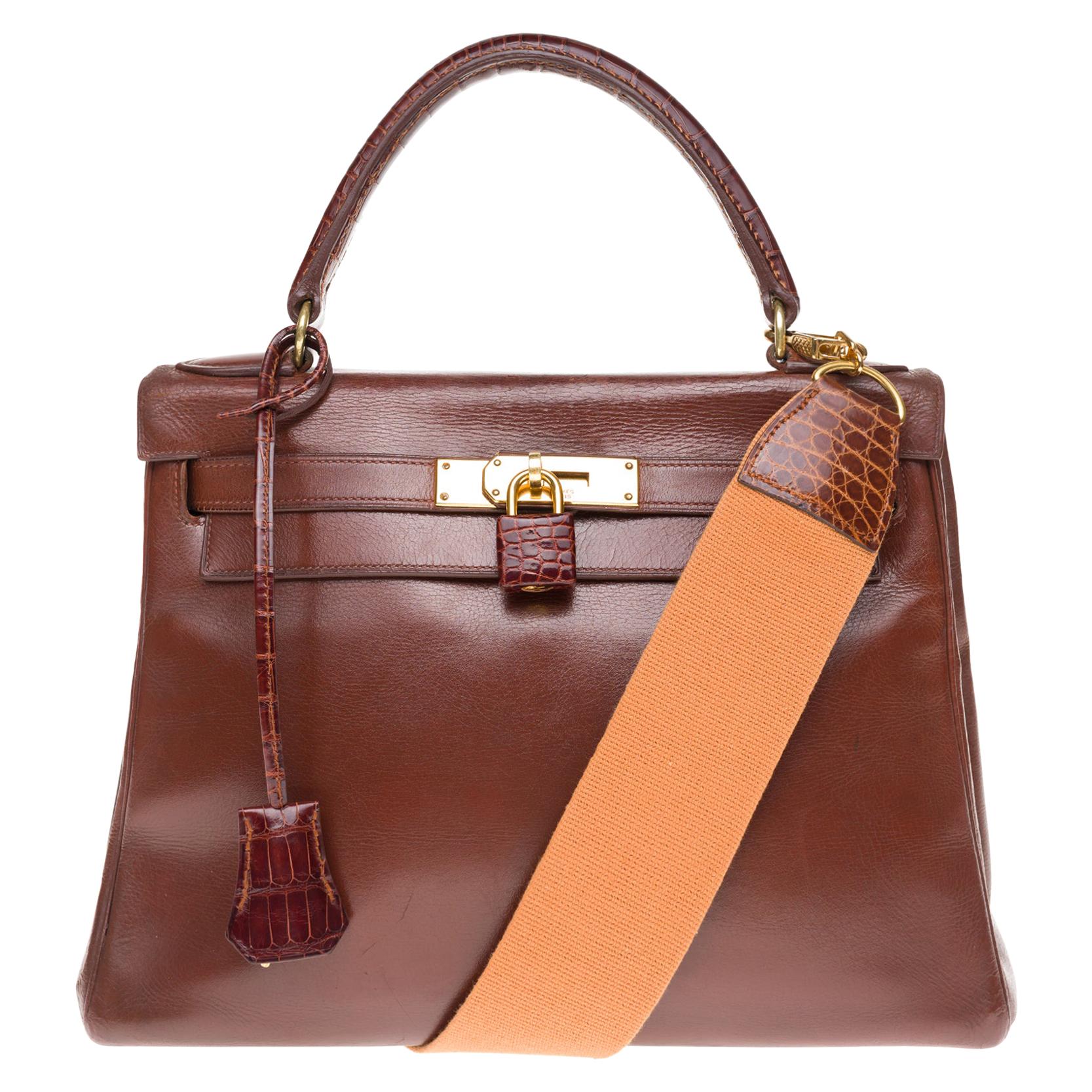 Hermes Kelly 28cm strap handbag  in brown calf customized with brown crocodile