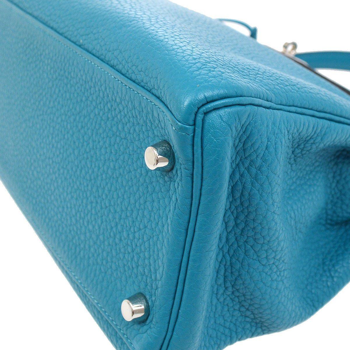 Women's Hermes Kelly 32 Aqua Blue Leather Top Handle Satchel Shoulder Tote Bag 