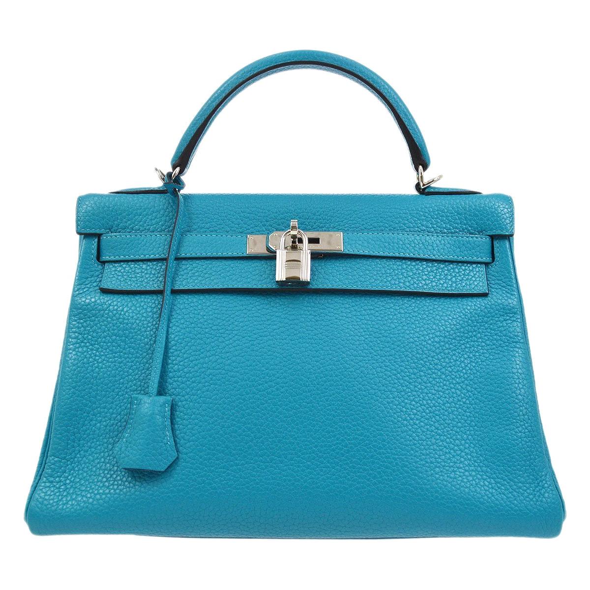 Hermes Kelly 32 Aqua Blue Leather Top Handle Satchel Shoulder Tote Bag 