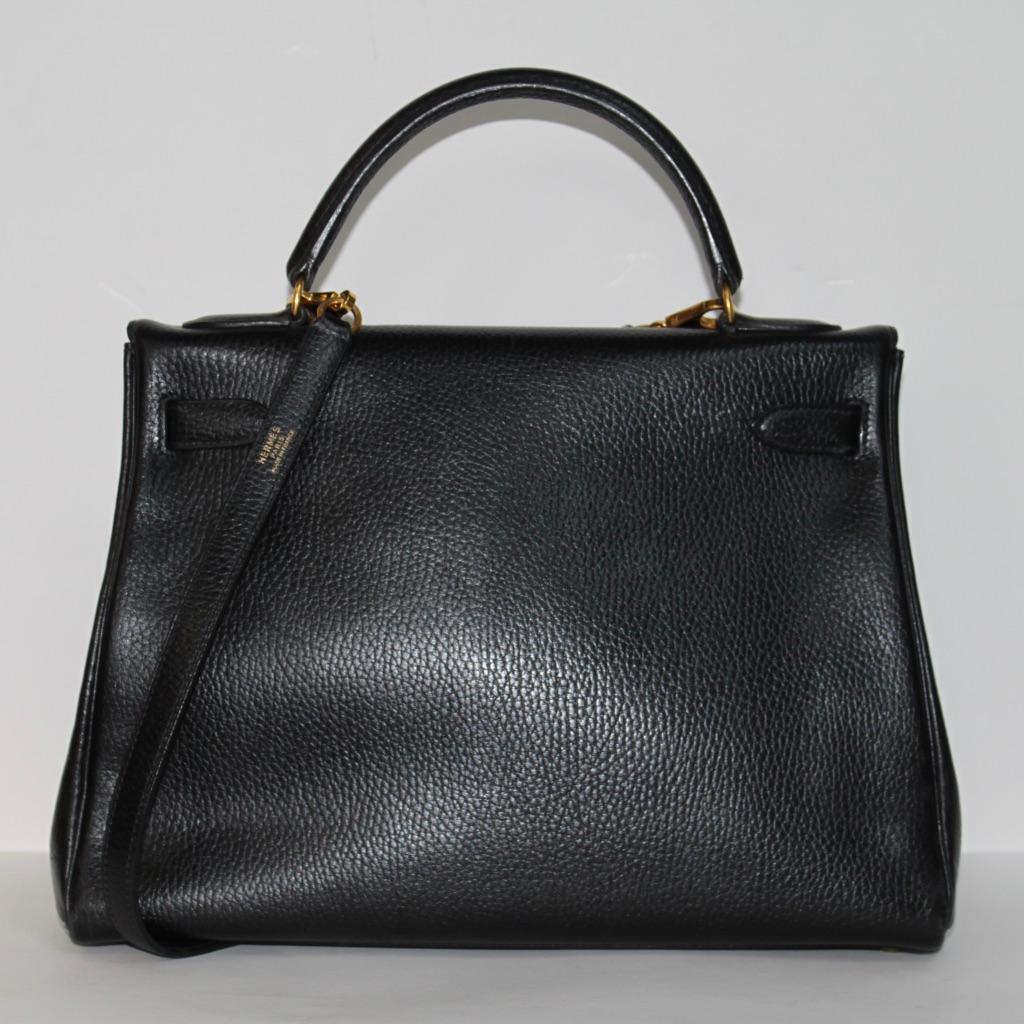 Black Hermes Kelly 32 Bag black leather with gold Hardware Tote/Crossbody For Sale