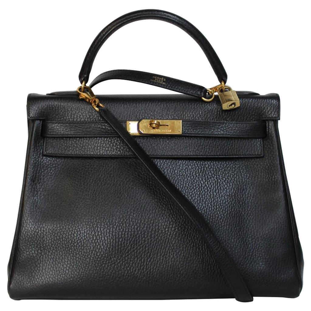 Hermes Kelly 32 Bag black leather with gold Hardware Tote/Crossbody For Sale