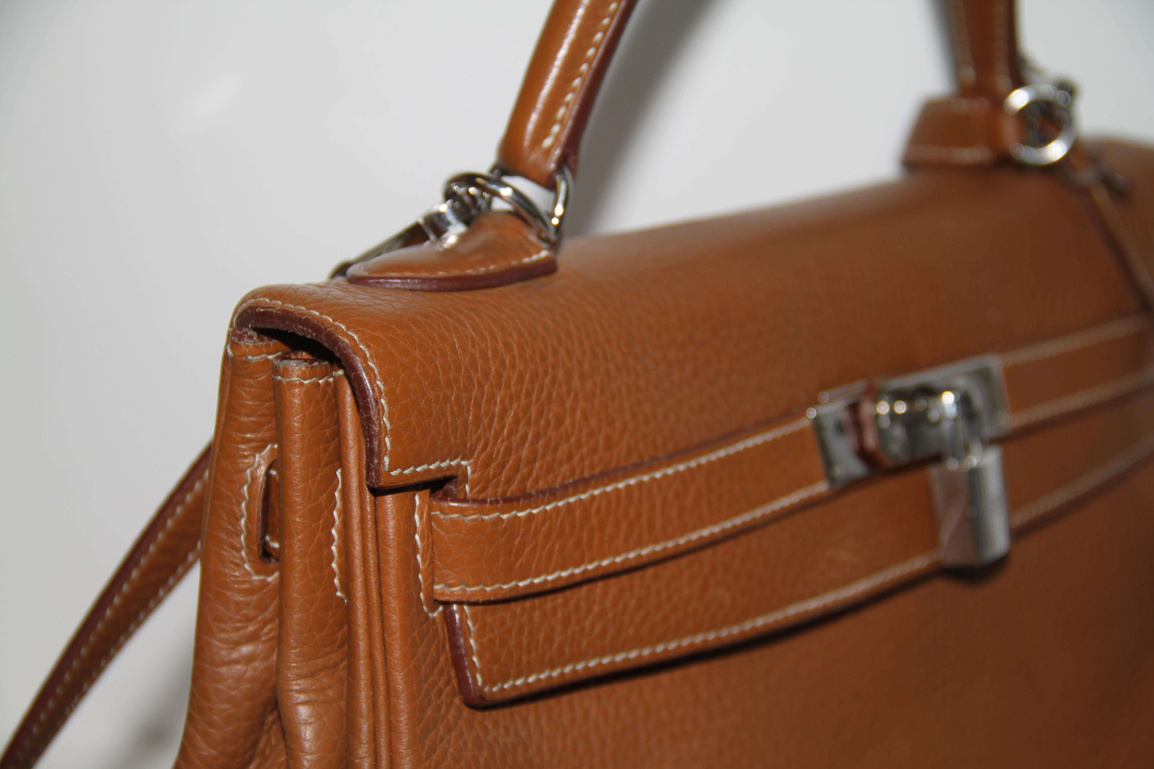 Hermes Kelly 32 Bag brown leather epsom/tan with silver Hardware Tote/Crossbody For Sale 4