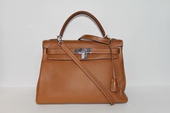 Hermes Kelly 32 Bag brown leather epsom/tan with silver Hardware Tote/Crossbody