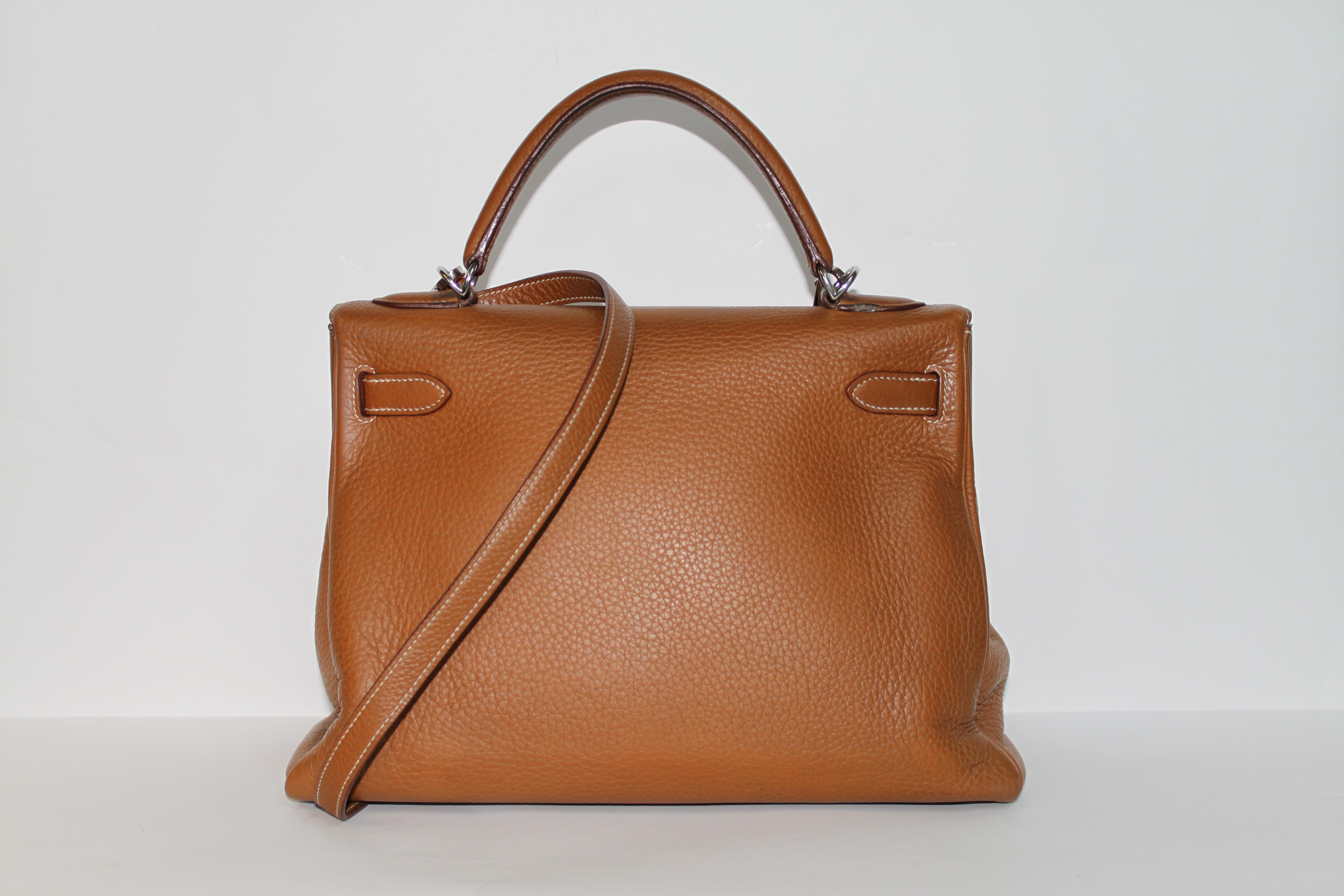 Brown Hermes Kelly 32 Bag brown leather epsom/tan with silver Hardware Tote/Crossbody For Sale