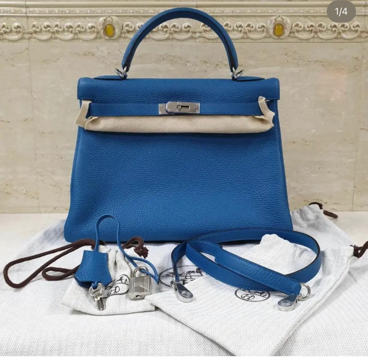 
Model: Kelly
Size: 32 cm
Color: Blue Hydra
Material: Veau Togo Leather

HW: Palladium plated
Year: 2015 T

Never worn. No box. No receipt.
Has Bababebi certificate.