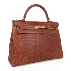 Hermes Kelly 32 Bag Matte Fauve Barenia Porosus Crocodile Gold Hardware