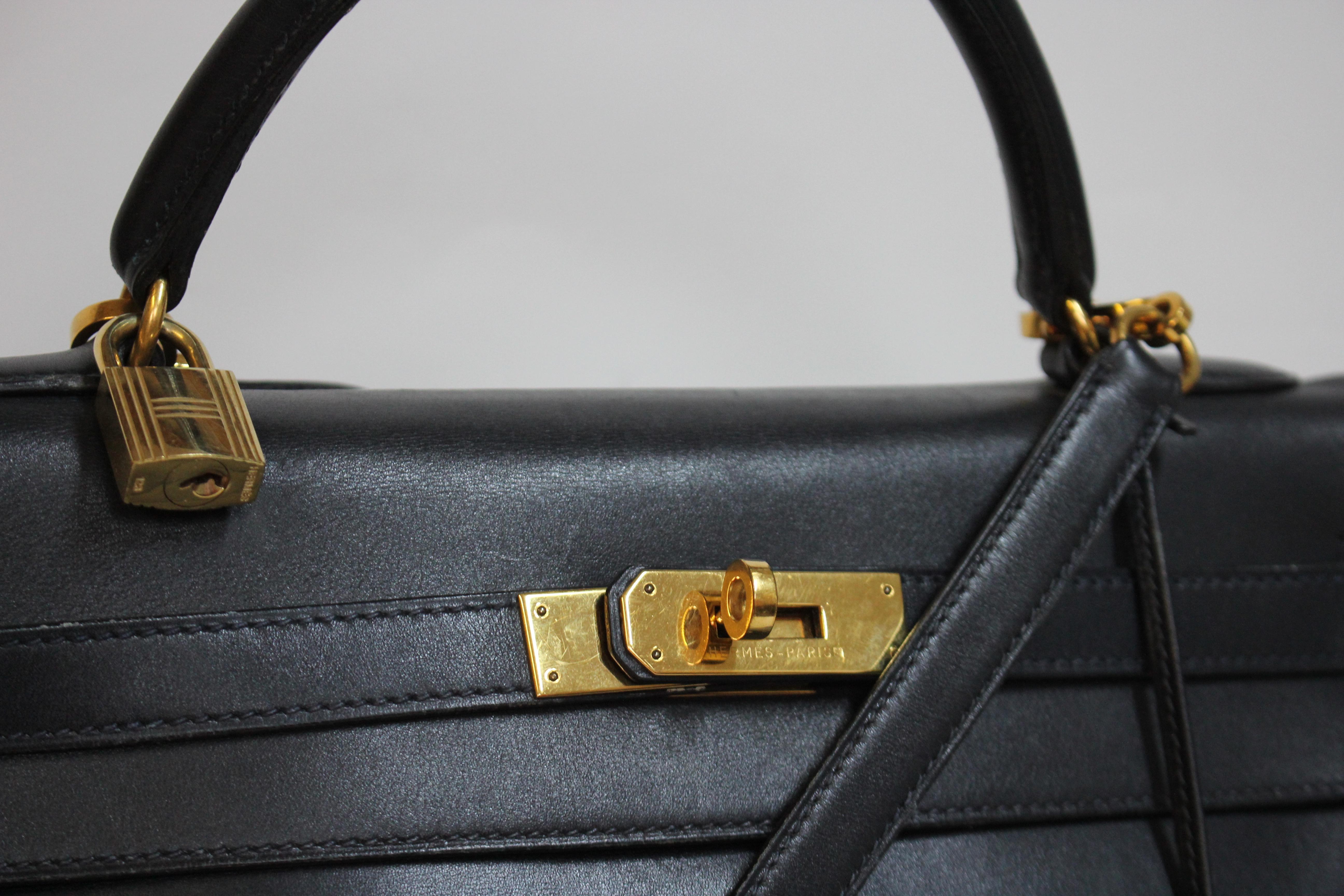Hermes Kelly 32 Bag navy blue with gold Hardware leather Box & certificate 5