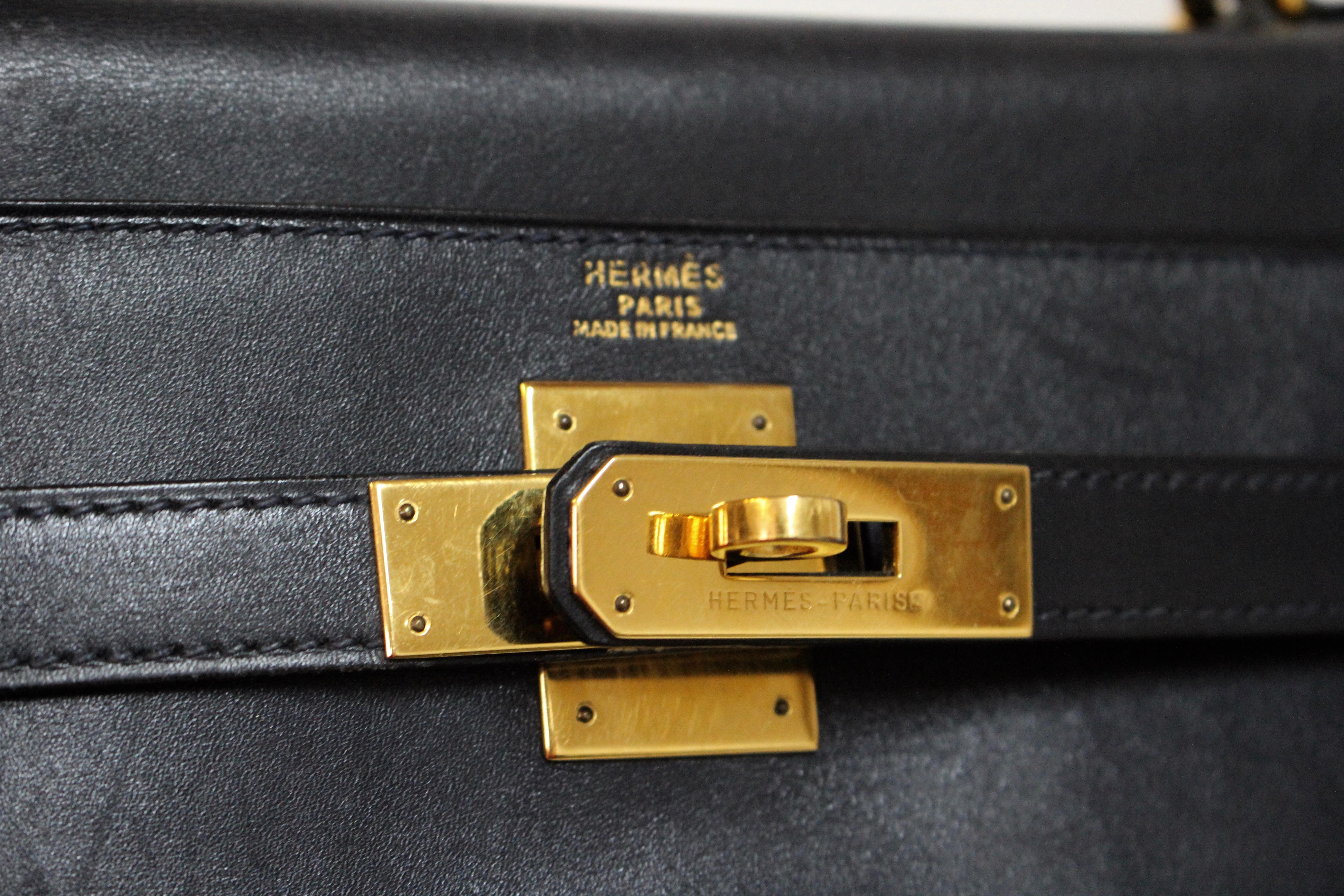 Hermes Kelly 32 Bag navy blue with gold Hardware leather Box & certificate 7