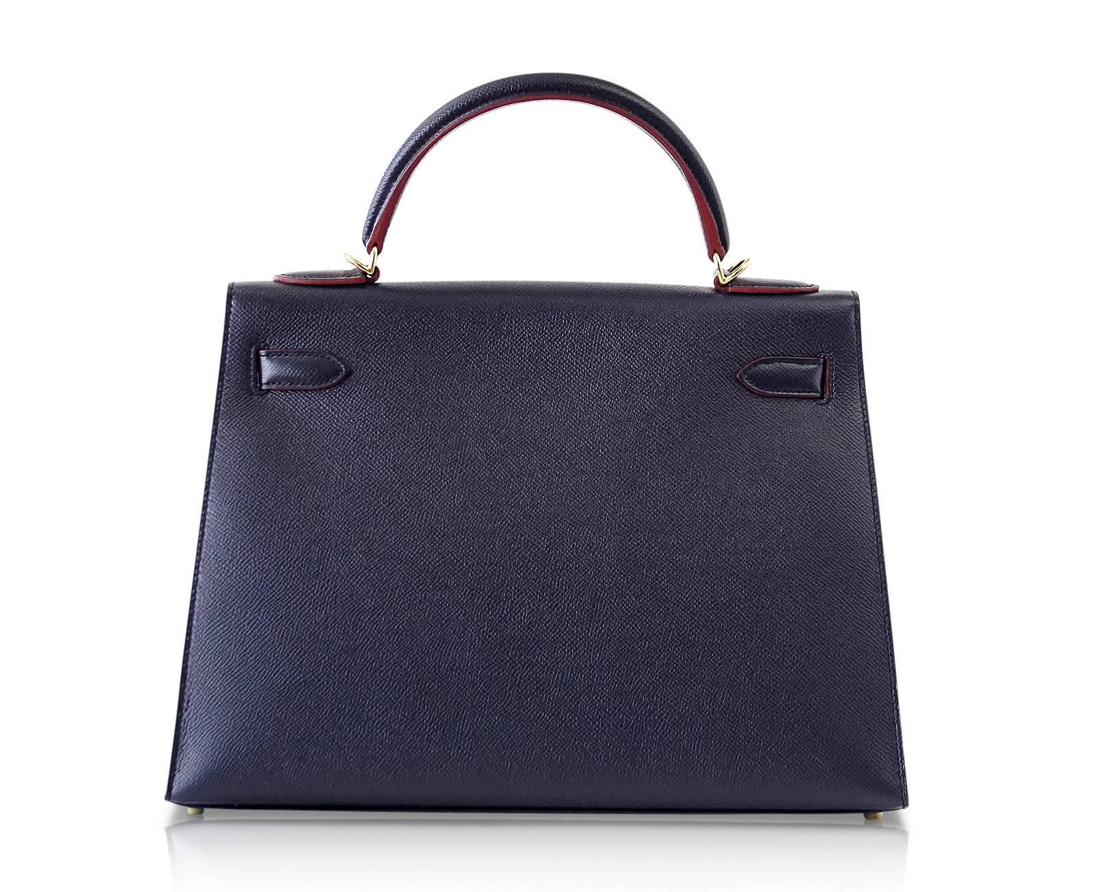 Hermes Kelly 32 Bag Sellier Blue Indigo Rouge Contour Limited Edition Gold In New Condition In Miami, FL