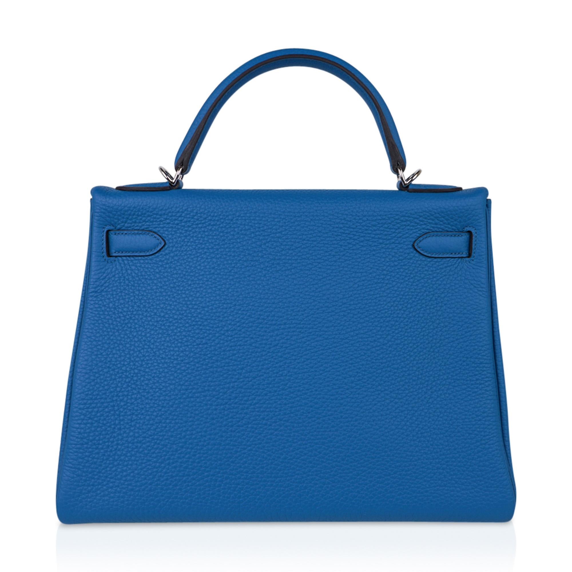 Hermes Kelly 32 Bag Vivid Blue Izmir Clemence Leather Palladium 4