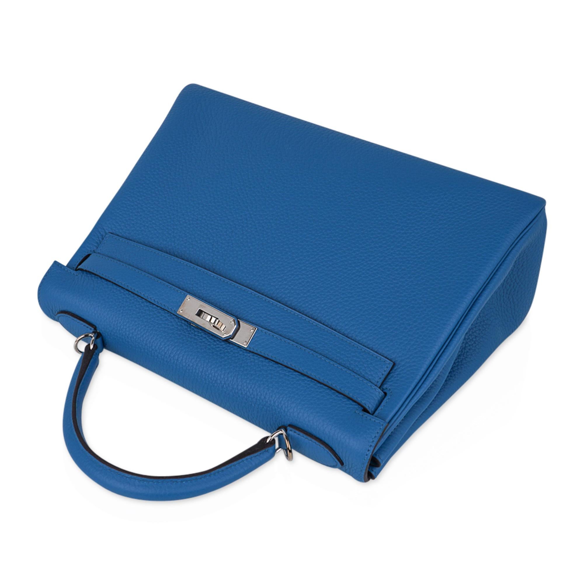 Hermes Kelly 32 Bag Vivid Blue Izmir Clemence Leather Palladium In Excellent Condition In Miami, FL