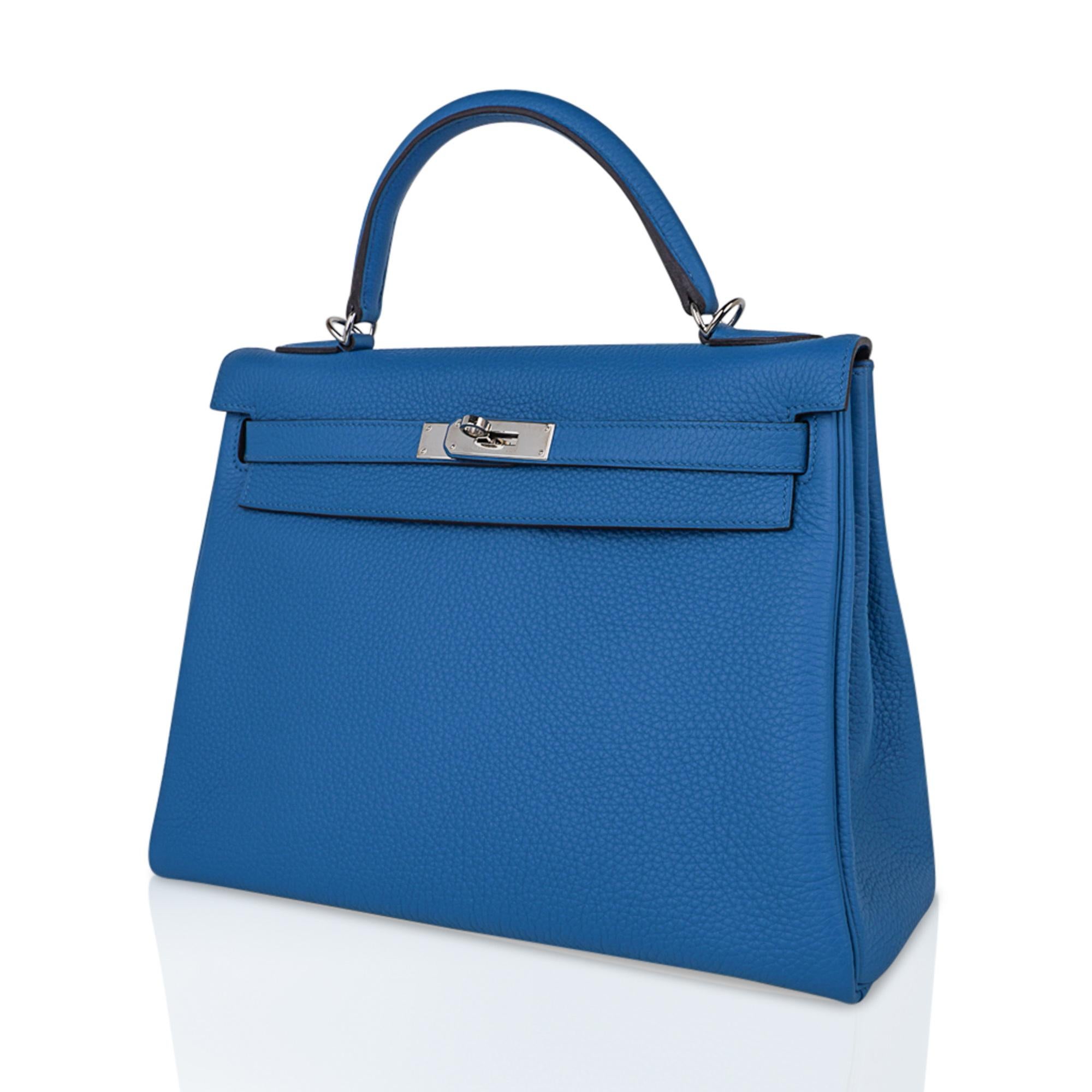 Women's Hermes Kelly 32 Bag Vivid Blue Izmir Clemence Leather Palladium