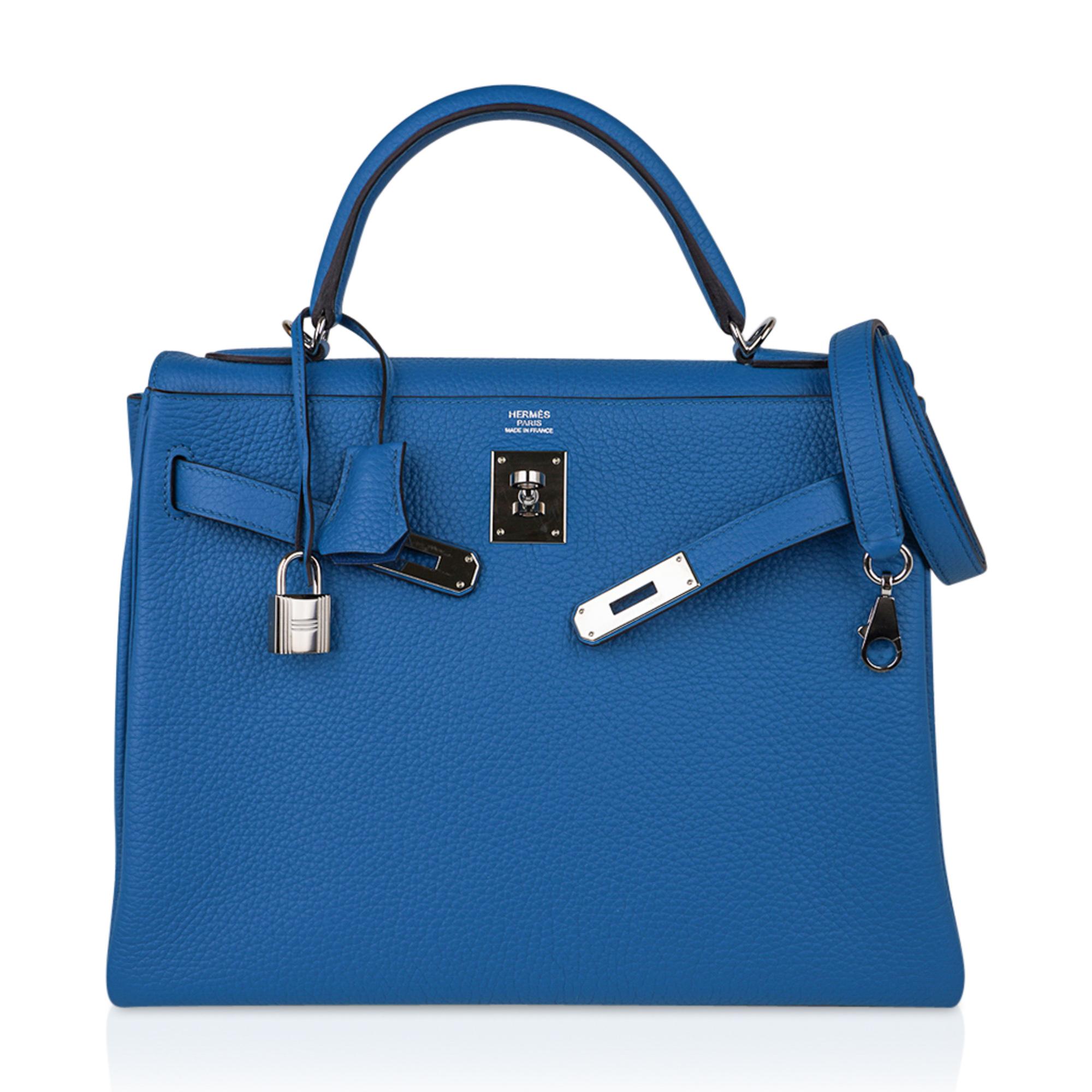 Hermes Kelly 32 Bag Vivid Blue Izmir Clemence Leather Palladium 1