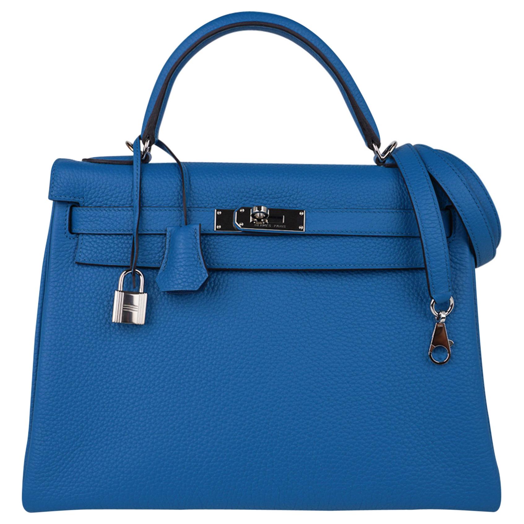 Hermes Kelly 32 Bag Vivid Blue Izmir Clemence Leather Palladium