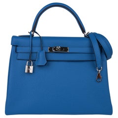 Hermes Kelly 32 Bag Vivid Blue Izmir Clemence Leather Palladium