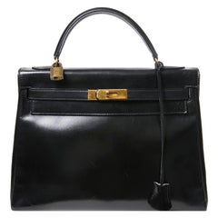 HERMES Kelly 32 Black Box Calfskin Bag