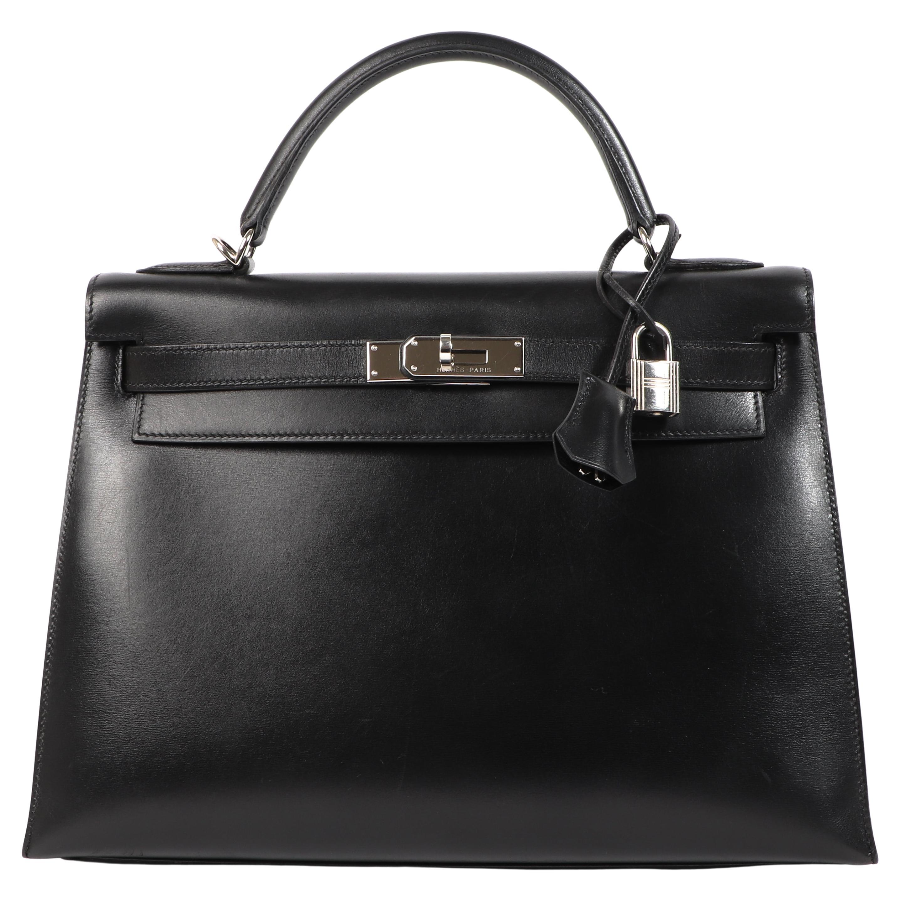 Hermes Kelly 32 Black Togo Leather, Palladium Hardware, Preowned in Box