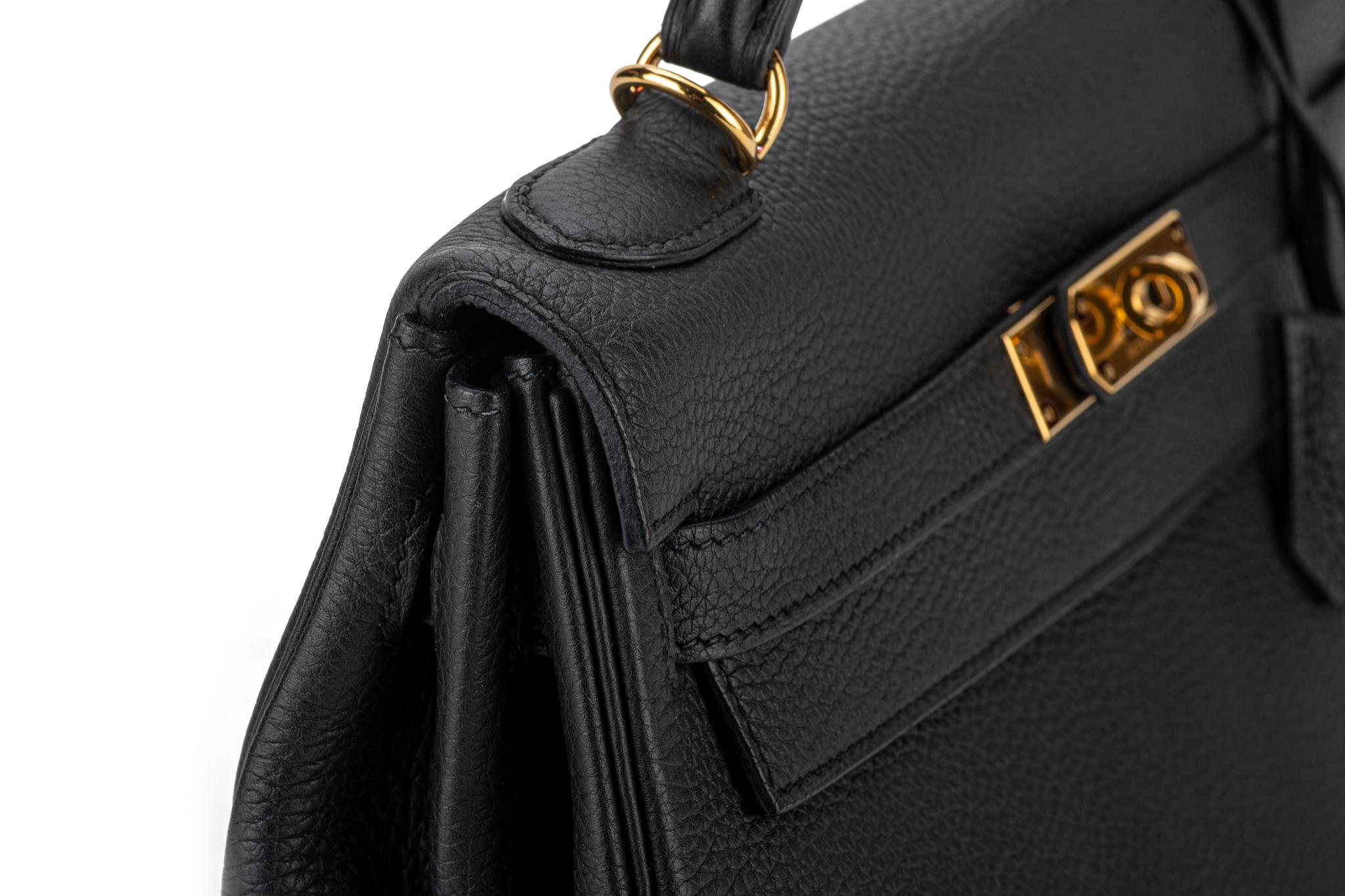 Women's Hermes Kelly 32 Black Clemence Gold Bag