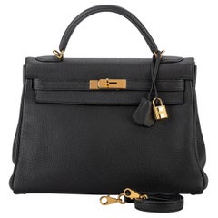 Hermes Kelly 32 Black Clemence Gold Bag