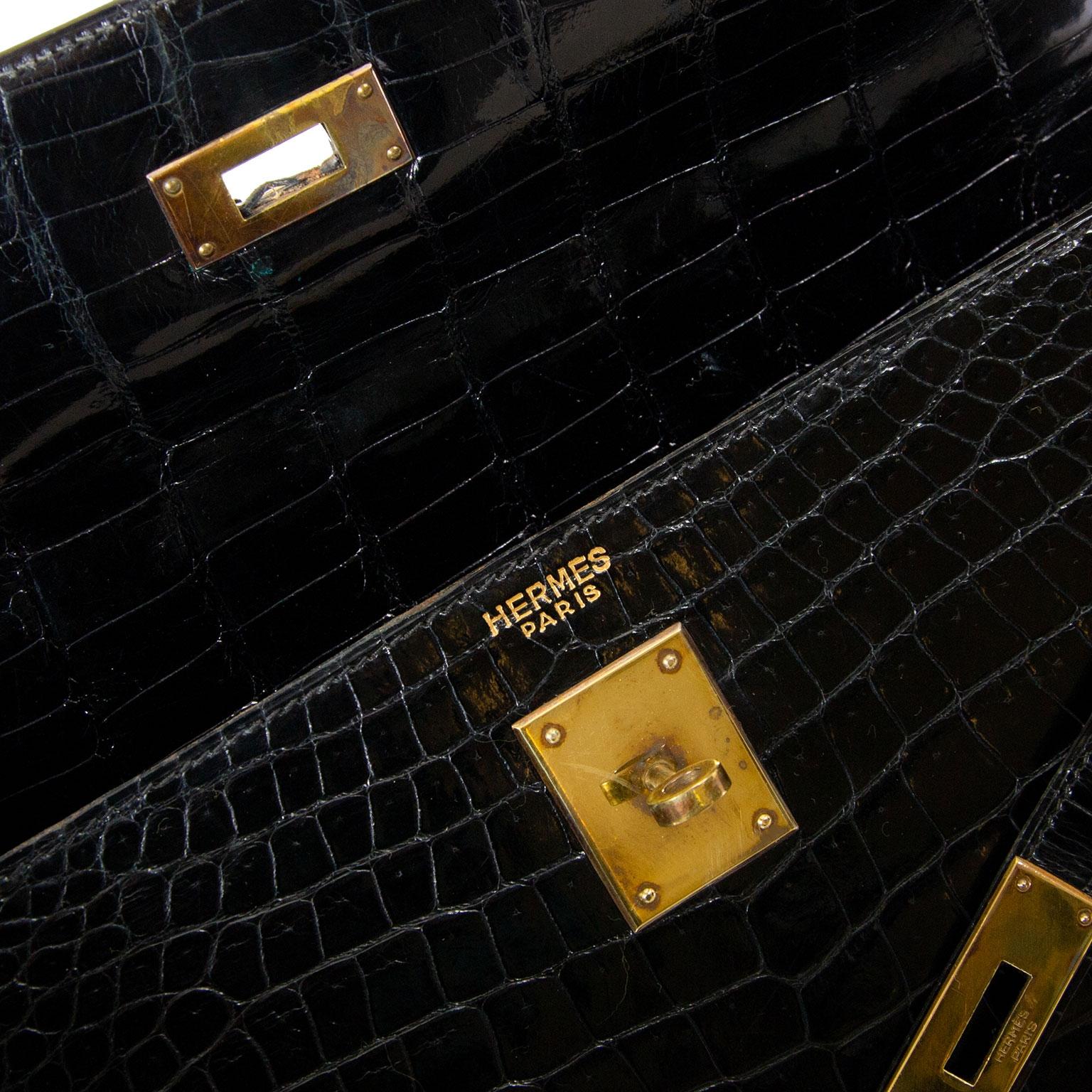 Hermes Kelly 32 Black Crocodile GHW + STRAP  For Sale 1