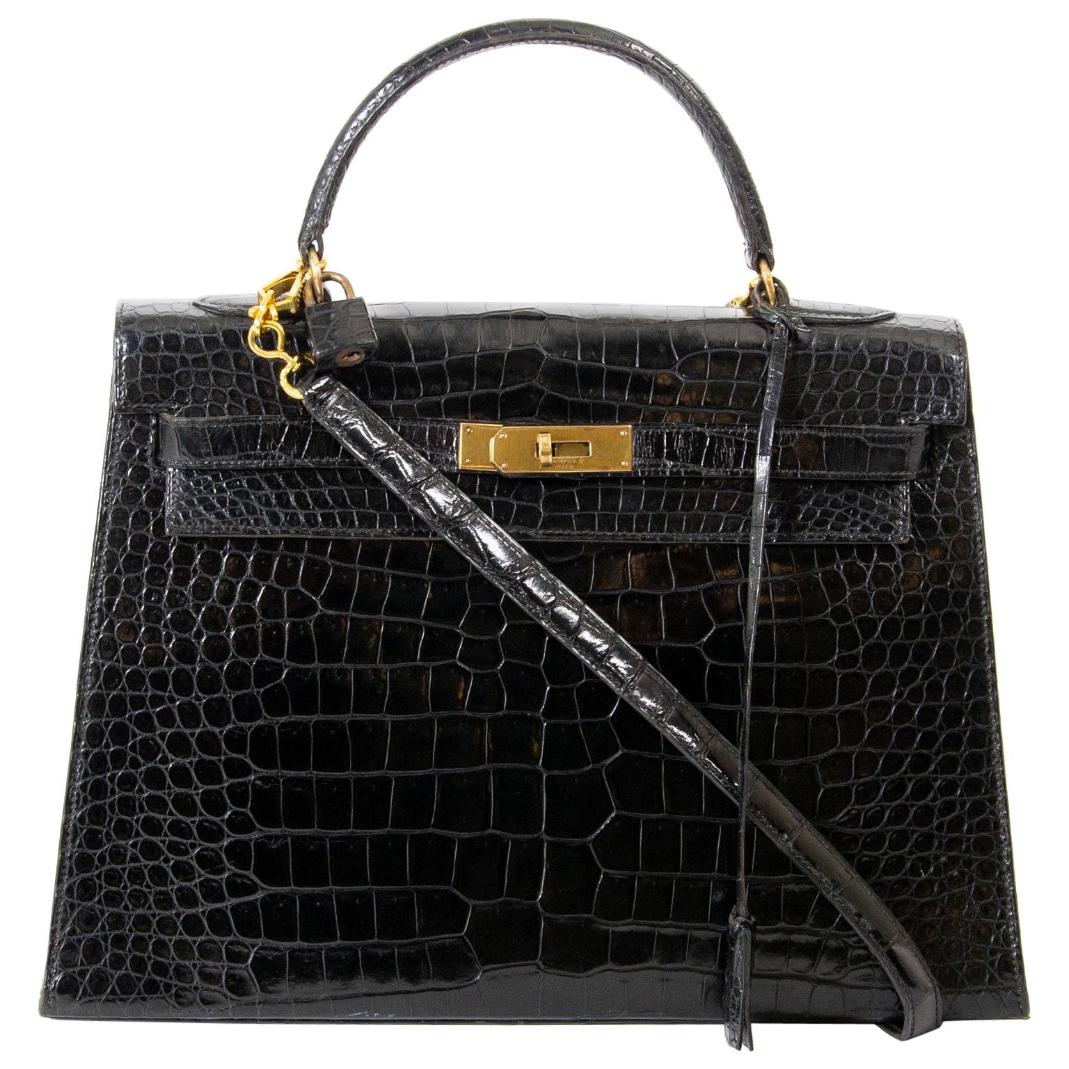  Hermes Kelly 32 Black Crocodile GHW + Strap  For Sale