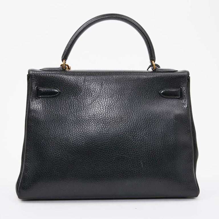 HERMES Kelly 32 Black Grained Leather Bag For Sale at 1stDibs