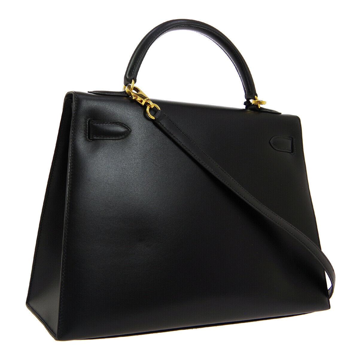 Women's Hermes Kelly 32 Black Leather Gold Top Handle Satchel Shoulder Bag