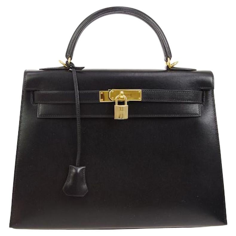 Hermes Kelly 32 Black Leather Gold Top Handle Satchel Shoulder Bag