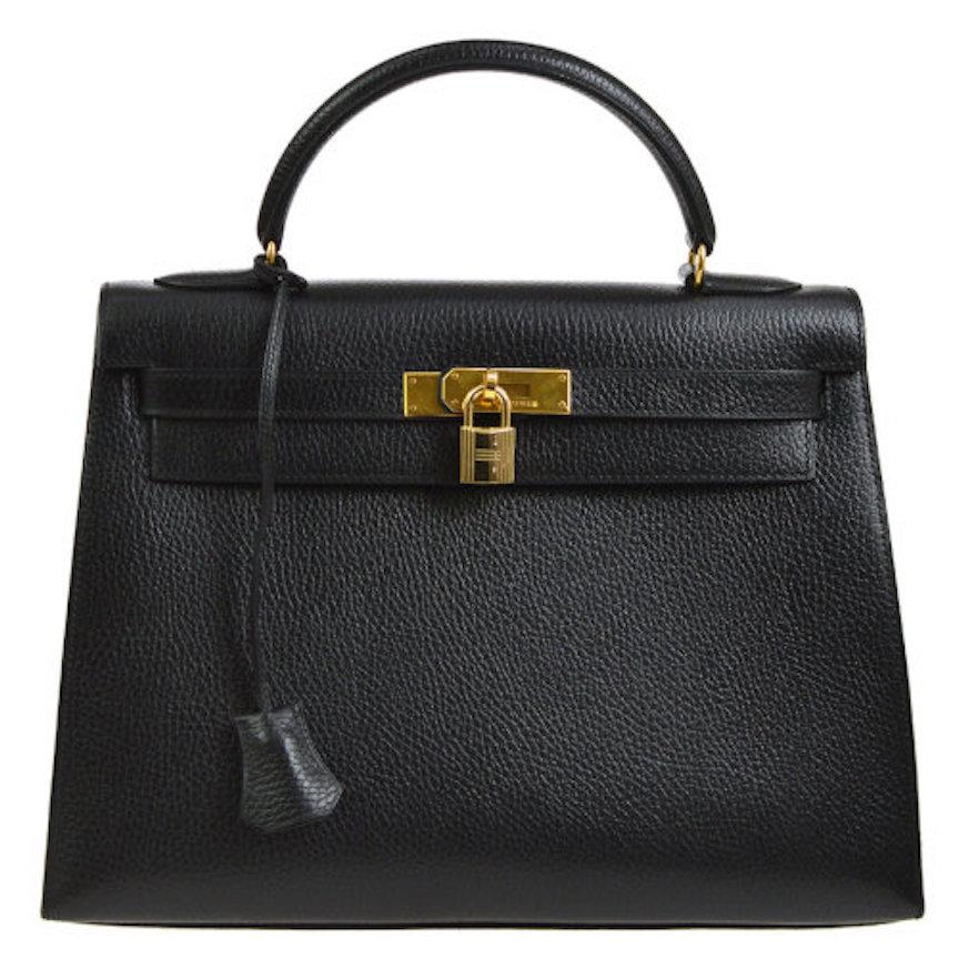 Hermes Kelly 32 Black Leather Gold Top Handle Satchel Shoulder Bag in Box