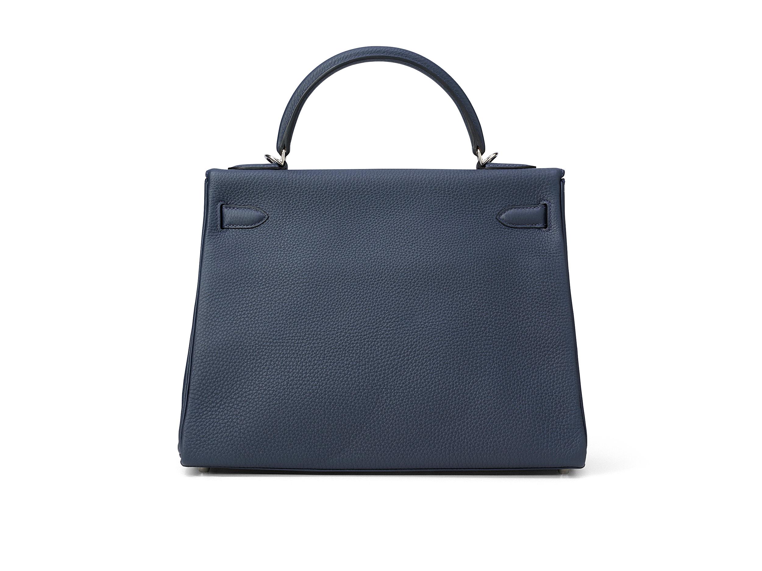 Black Hermès Kelly 32 Bleu Nuit Togo Palladium Hardware For Sale