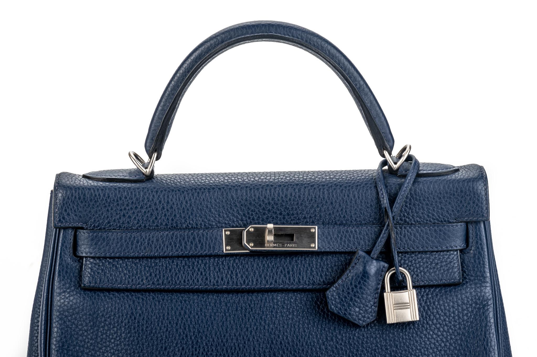 Hermes Kelly 32 Blue Nuit Clemence Satin Bag 2