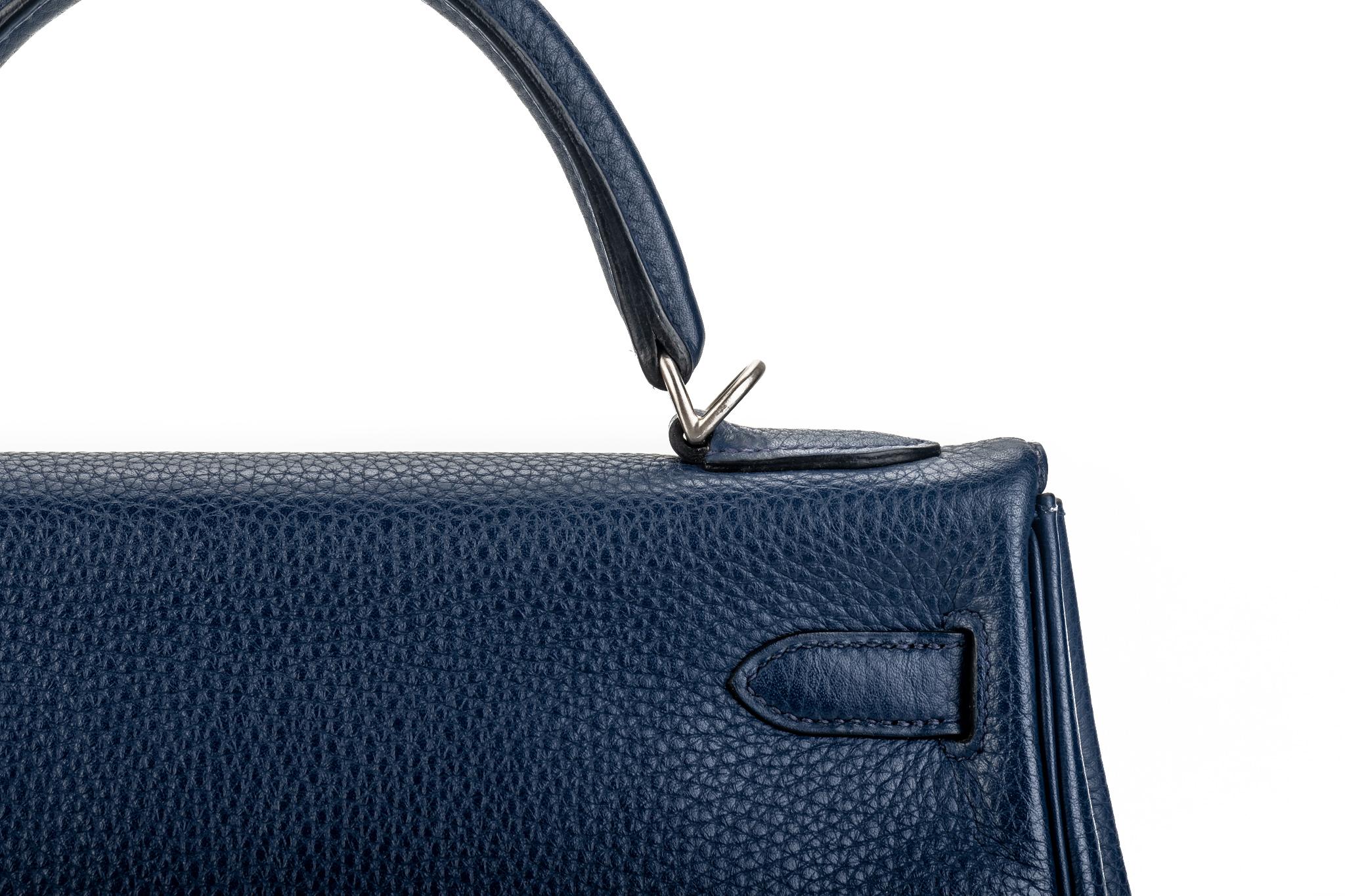 Women's or Men's Hermes Kelly 32 Blue Nuit Clemence Satin Bag